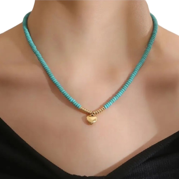 Hand Crafted Jewelry - Handmade Heart Turquoise Beaded Necklace Y2K Vintage Retro Jewelry Gold